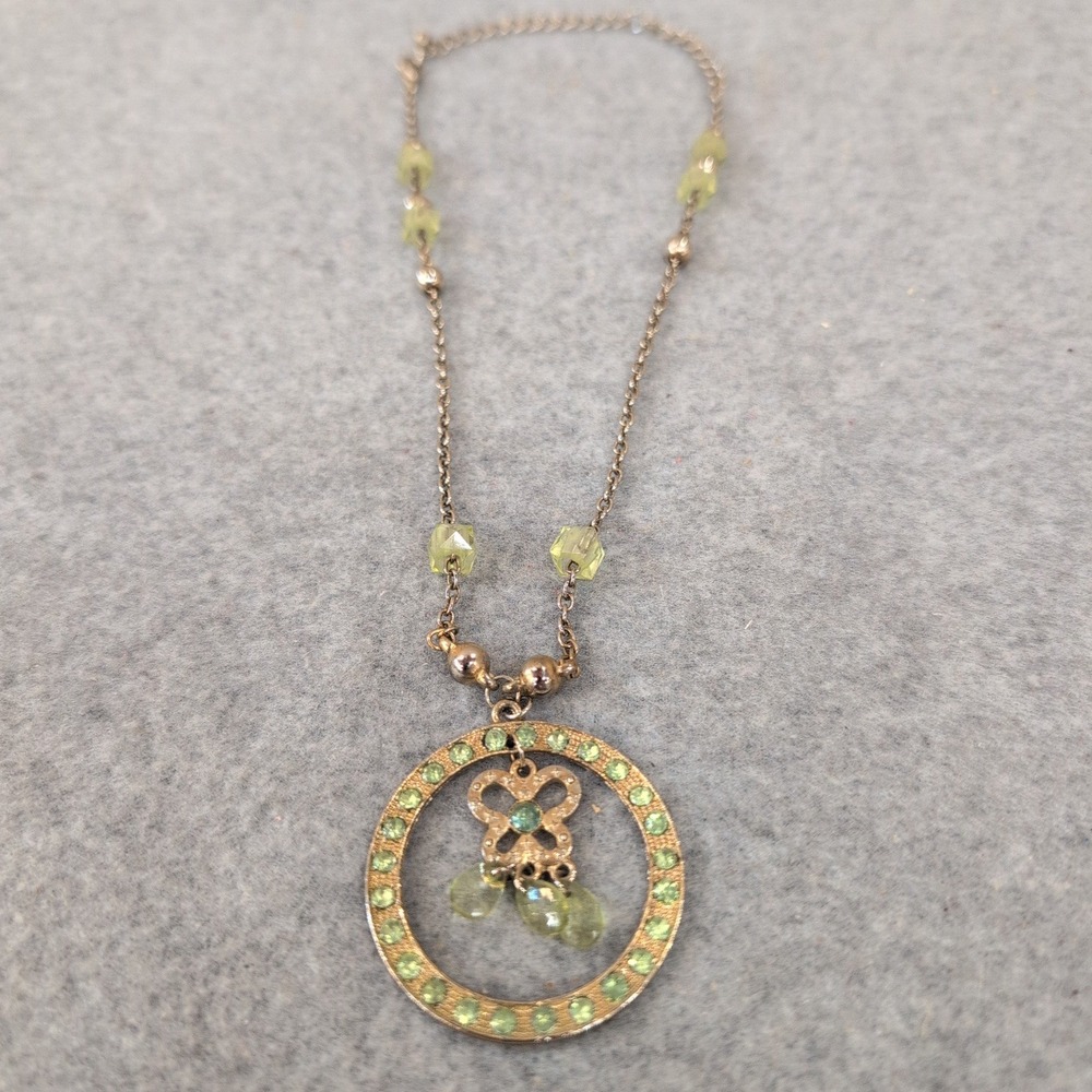 Sparkling Circle Pendant Necklace with Butterfly Charm Green Rhinestones - Picture 2 of 4